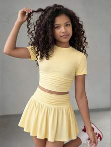 SHEIN Tween Girls T-Shirt Co-Ords - Yellow - View 1
