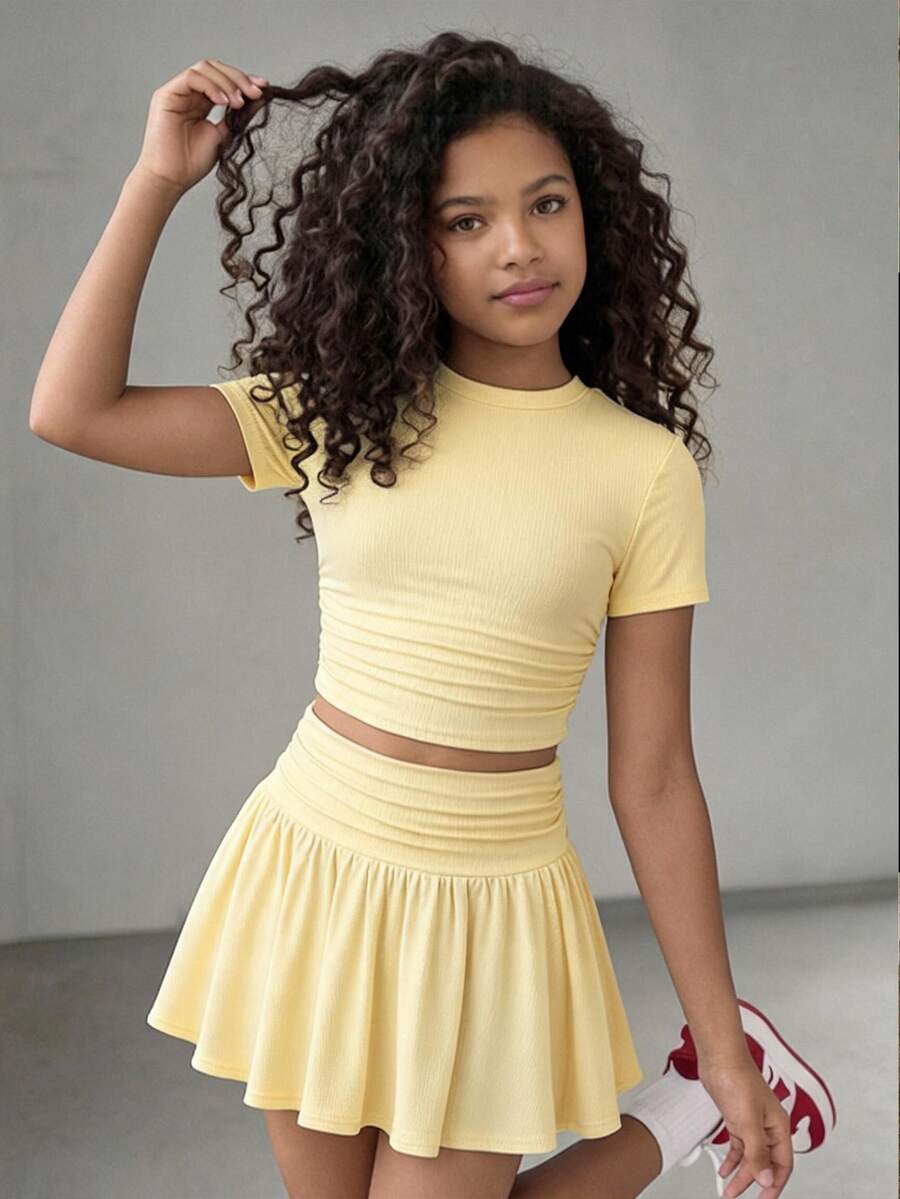 SHEIN Tween Girls T-Shirt Co-Ords - Yellow - View 1