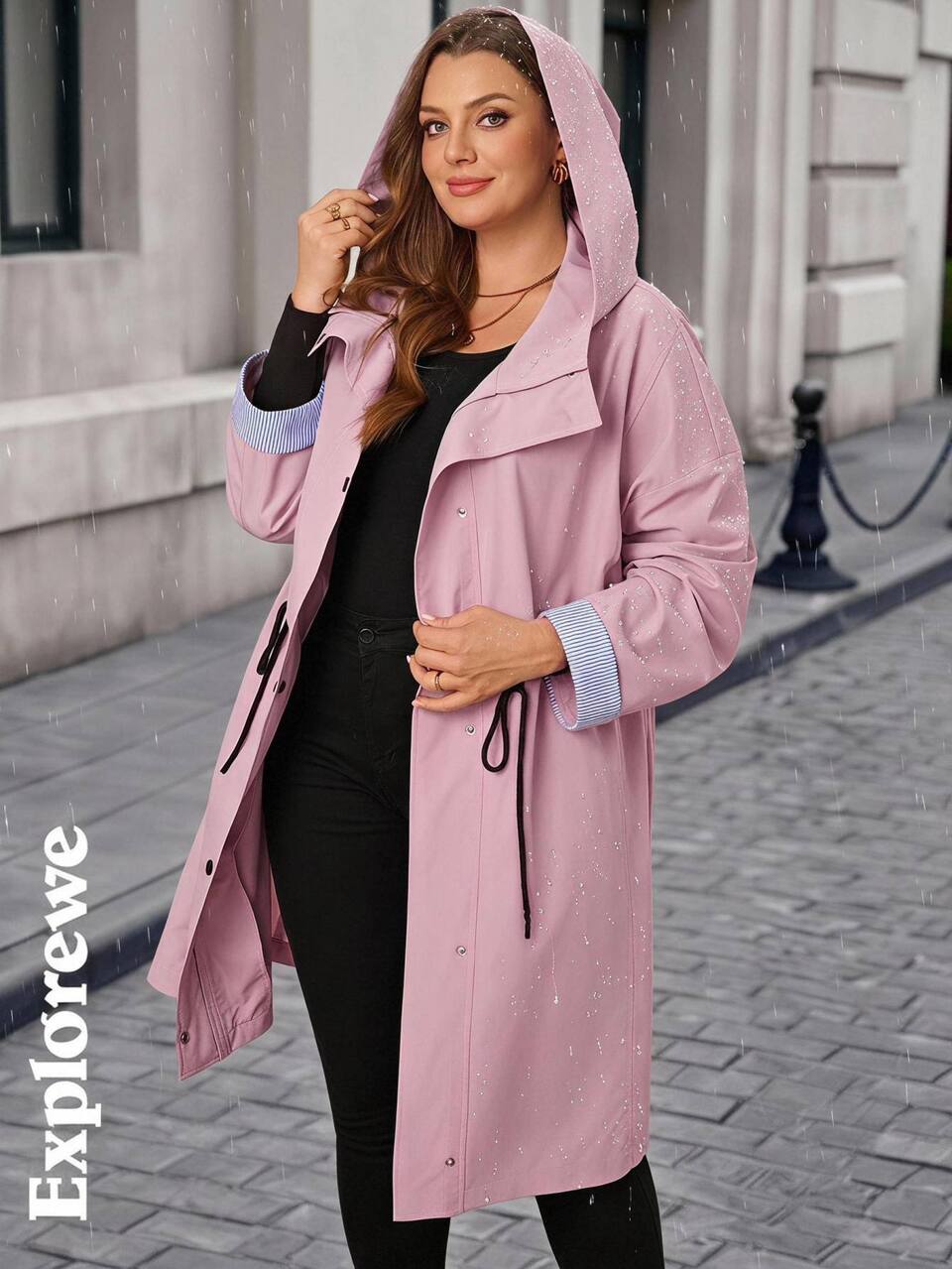 Plus 1pc Contrast Striped Print Drawstring Waist Hooded Water-Resistan Coat Fall
