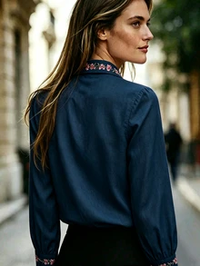 SHEIN Floral Embroidery Button Front Shirt - Navy Blue - View 2