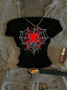 Attitoon Plus Heart Web & Spider Print Cold Shoulder Tee - Black - View 1