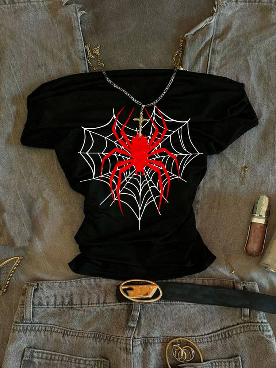 Attitoon Plus Heart Web & Spider Print Cold Shoulder Tee - Black - View 1