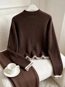 Muvela Contrast Trim Drop Shoulder Sweater Brunch Daily Brown And Cream Autumn Minimalist Casual - Brown - View 2