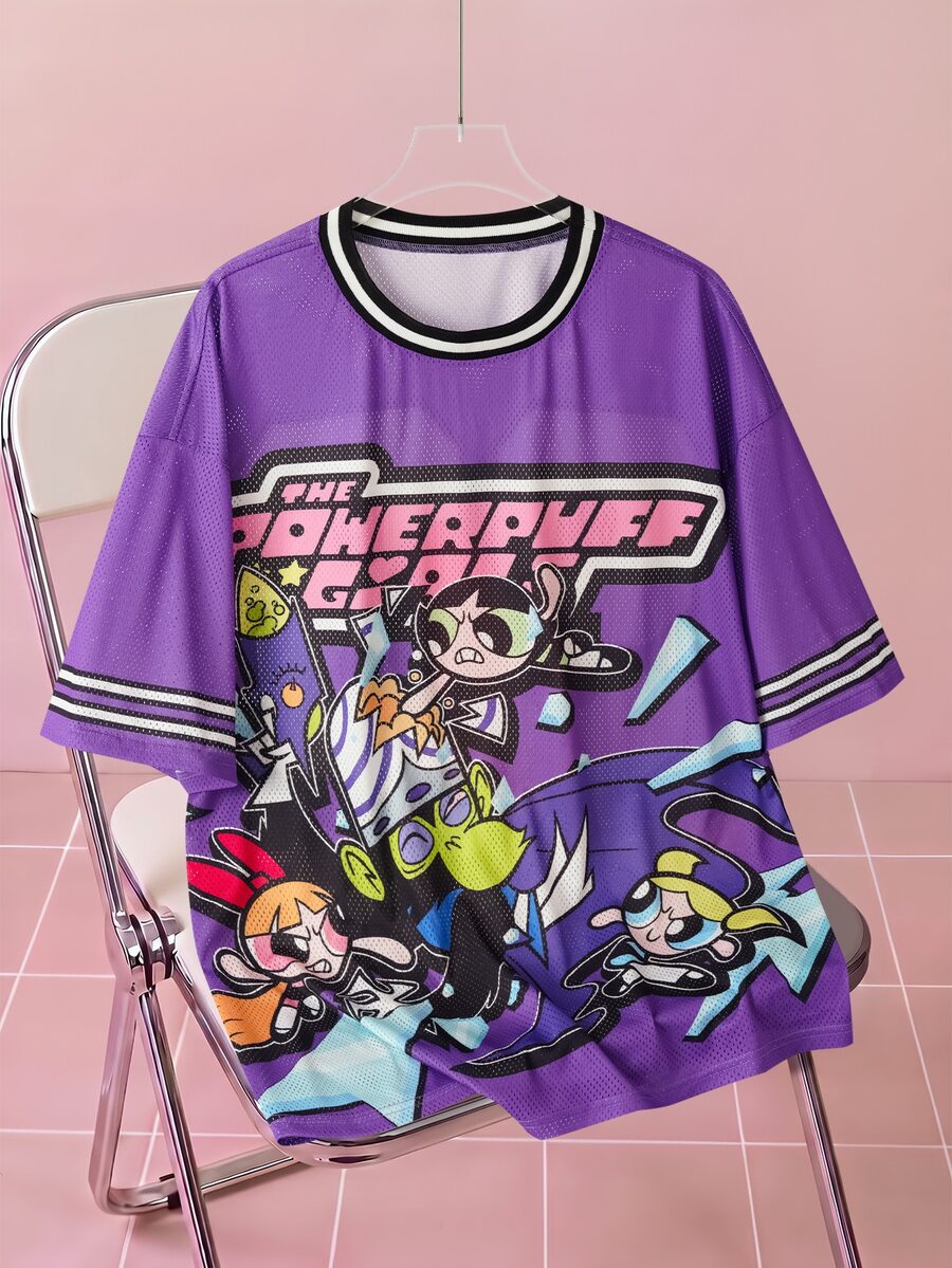 THE POWERPUFF GIRLS X SHEIN Men's Cartoon Print Striped Crew Neck T-Shirt For Daily Wear - Purple - View 1
