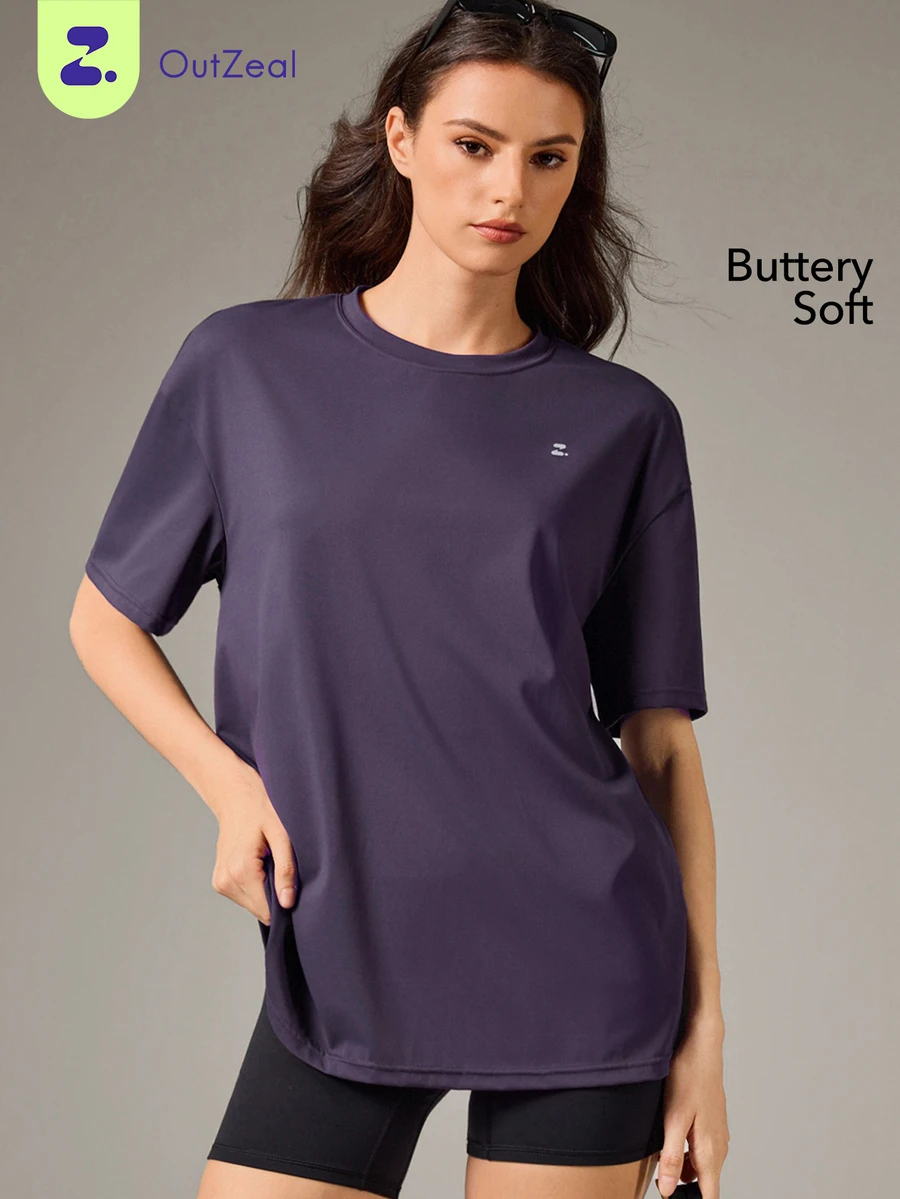 OutZeal Women Sports Tee Solid Color Casual Gym Workout Soft Stretchy Relax Fit Short Sleeve T-Shirt Summer Spring - Purple - View 1