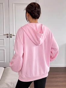 SHEIN EZwear 大尺碼純色拉鍊連帽抽繩落肩運動衫 - 粉色 - 查看 2