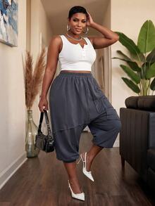 Slaydiva Plus Solid Elastic Waist Harem Pants Fall - Grey - View 7