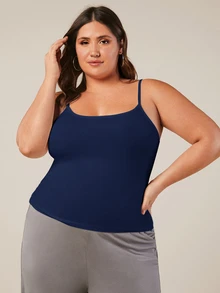 SHEIN BASICS Plus Solid Slim Fit Breathable Cami Top - Navy Blue - View 5
