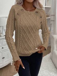 EMERY ROSE Cable Knit Raglan Sleeve Button Detail Sweater - Camel - View 1