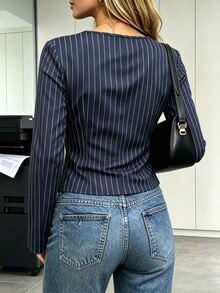 SHEIN Striped Print Square Neck Blouse - Navy Blue - View 3