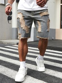 Manfinity Homme Men Plus Ripped Frayed Raw Hem Denim Shorts - Light Wash - View 6