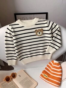 Suéter de bebé niño con patrón de rayas y parche de oso - Blanco y Negro - Ver 4