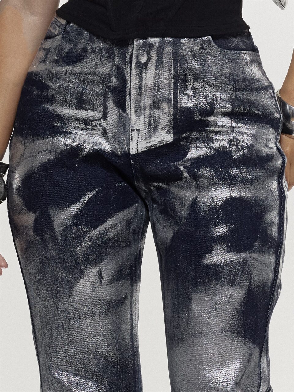 Metallic Silver Foil Printed Low Rise Indigo Wash Fitted Flare Denim