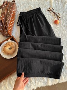 Comfortcana Plus Size Casual Black Textured 9-Length Pants - Black - View 5