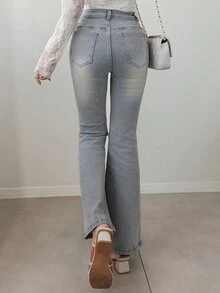 Dazy Tall Celana Jeans Wanita Model Slim Fit dengan Hiasan Pita dan Patchwork Renda Warna Kontras, Model Flare Kasual untuk Musim Gugur - Light Wash - View 2