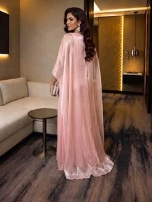 SHEIN Lady 女款優雅粉色亮片透視網紗V領洋裝，適合秋冬萬聖節、聖誕節、新年派對、婚禮、外出、生日、夜店、舞會 - 粉色 - 查看 2