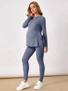 SHEIN Maternity Solid Color Long Sleeve Side Knot Hem Split T-Shirt And Leggings Casual 2 Pieces Set Fall - Navy Blue - View 1
