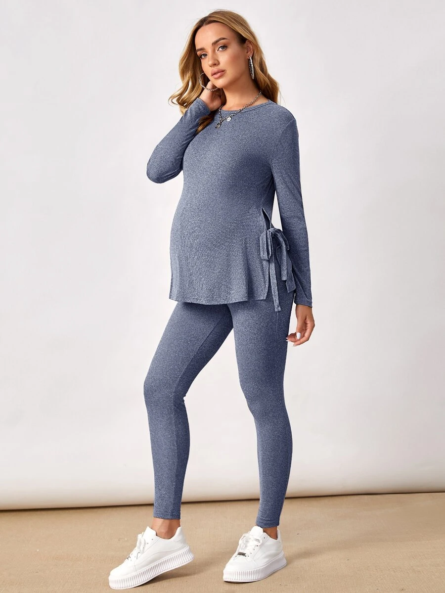 SHEIN Maternity Solid Color Long Sleeve Side Knot Hem Split T-Shirt And Leggings Casual 2 Pieces Set Fall - Navy Blue - View 1