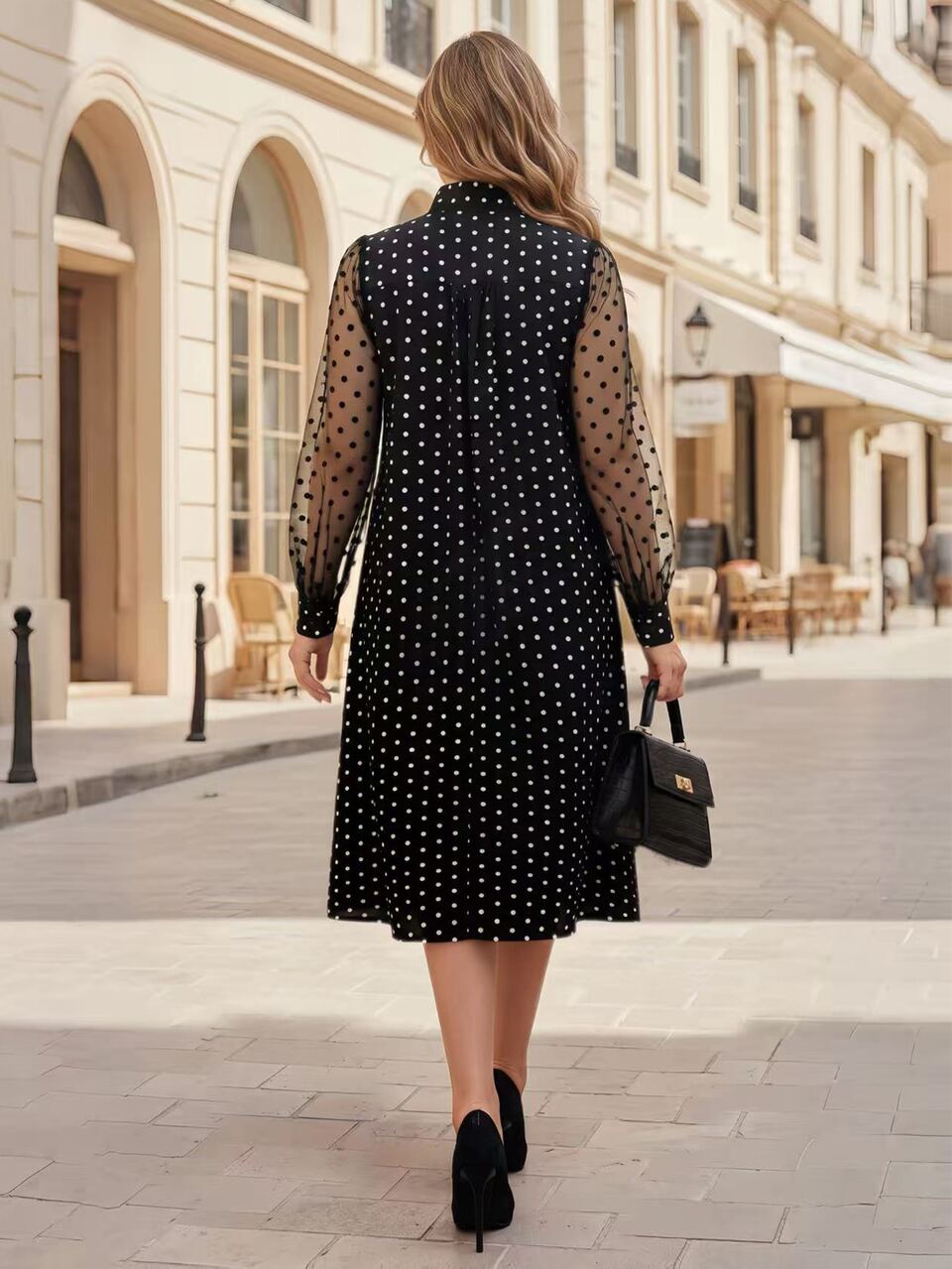 Plus Polka Dot Print Contrast Mesh Dress Fall Clothes For Women  Fall Winter 2026  Black And White Polka Dot Work Dress