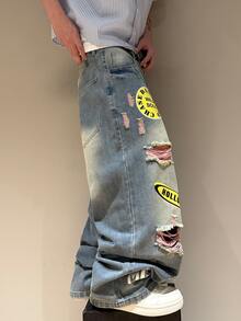 STEELVANCE Men Letter Graphic Ripped Wide Leg Jeans Without Belt - Blue - View 4