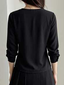 DAZY Solid Tie Neck Blouse - Black - View 5