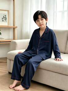Tween Boy Contrast Piping PJ Set - Navy Blue - View 8