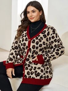 Comfylo Cardigan Plus Motif Leopard dengan Trim Kontras - MultiWarna - View 6