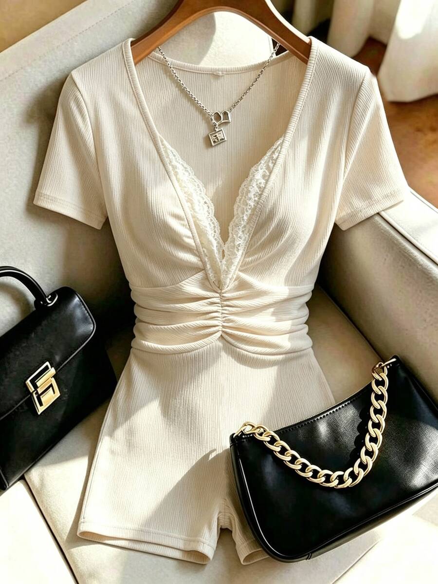 SHEIN Unity 對比色蕾絲抓皺連身緊身衣連身褲 - 米色 - 查看 1