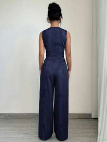 Elenzga Striped Print Waistcoat & Wide Leg Pants - Blue - View 2