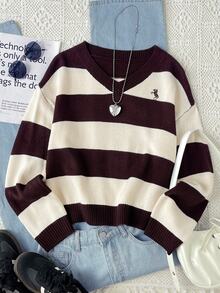SHEIN Teen Girl Color Block Drop Shoulder Sweater - Rust Brown - View 1