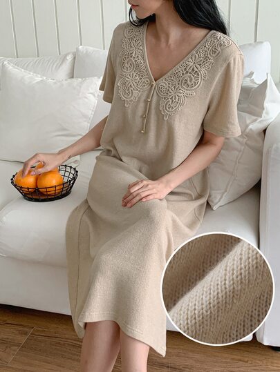 DAZY Contrast Lace Quarter Button Lounge Dress