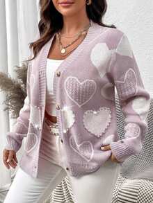 Elenzga Cardigan de talla grande con estampado de corazones y botones delanteros - Púrpura polvoriento - Ver 1