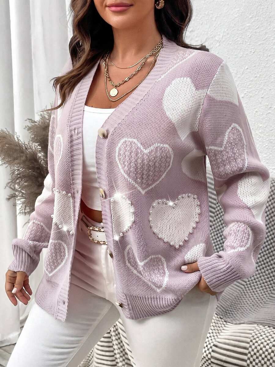 Elenzga Cardigan de talla grande con estampado de corazones y botones delanteros - Púrpura polvoriento - Ver 1