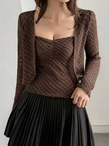 DAZY Top de tirantes liso & Top de punto abierto - Café integral - Ver 5