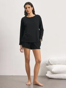 Ocili Drawstring Waist Split Hem Lounge Shorts - Black - View 3