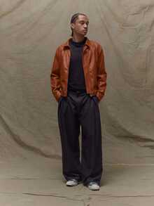 Musero Boxy Fit Leather Long Sleeve Cropped Hidden Placket Leather Jacket  Spring&Summer - Rust Brown - View 5
