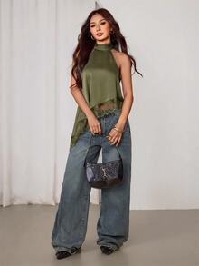 SHEIN PETITE Women Tops - Olive Green - View 7