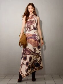 MOTF PREMIUM Gaun model halter neck motif jerapah dan tanaman boho. - Coklat - View 4