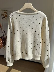 Comfortcana Plus Size Autumn Casual Polka Dot Print Cardigan - Black and White - View 2