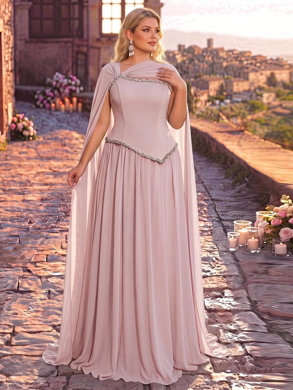 Glamrae Plus Size Elegant Luxurious Beaded Blue Bubble Diamond Decorated Satin Patchwork Chiffon Ruched Oversized Skirt With Cape Sleeves, Suitable For Wedding, Party, Bachelor Party, Vacation, Holiday, Gathering, Music Festival, Graduation Season, Evening Gala Dress (Heavy Workmanship Style)