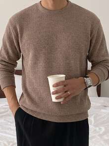 DAZY Men Solid Ribbed Knit Sweatshirt - Rust Brown - View 7