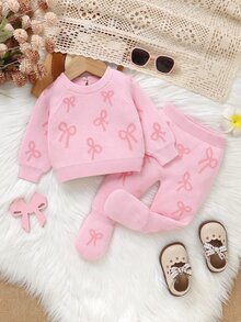 SHEIN Baby Girl Bow Pattern Raglan Sleeve Sweater & Knit Footed Pants Set - Pink - View 8