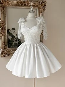 Lovelzi Contrast Lace Tie Shoulder Bridal Shower Dress - White - View 3