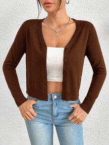 SHEIN PETITE Women Lightweight Cardigans - Chocolate Brown - View 7