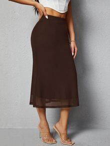 SHEIN PETITE Solid High Waist Mermaid Skirt - Brown - View 4