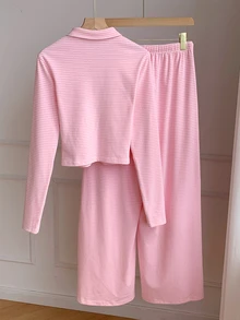 Comfortcana Contrast Striped Print Polo Collar Long Sleeve Top & Knot Front Pants Set - Pink - View 3