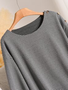 CosyJoli Plus Houndstooth Print Drop Shoulder Tee Casual T-Shirt For Women Fall/Winter Casual Daily Going Out Office Business Work T-Shirt For Women Homecoming - Black and White - View 4