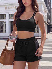 SHEIN Sports Bra Olahraga Wanita Warna Polos Tanpa Jahitan Nyaman Gaya Sporty Sopan untuk Gym Hitam Musim Panas - Hitam - View 4