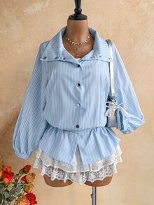 Soleia Women's Korean Style Vacation Striped Button Long Sleeve Jacket - Multicolor - View 5