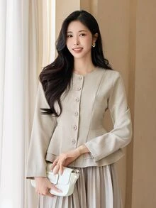 DAZY Women's Solid Color Single-Breasted Ruffle Hem Elegant Blouse Fall - Apricot - View 4